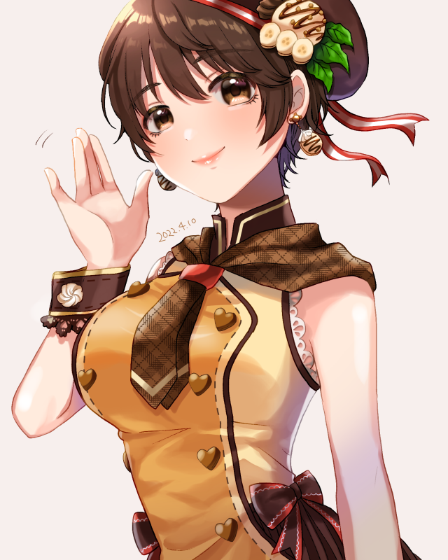 1girl ayaca banana bare_shoulders blush bow breasts brown_bow brown_eyes brown_hair brown_necktie brown_wrist_cuffs buttons chocolate_syrup closed_mouth cream dated dot_nose dress dress_bow earrings food food-themed_earrings food-themed_hair_ornament fruit hair_ornament hand_up hat heart_button ice_cream idolmaster idolmaster_cinderella_girls idolmaster_cinderella_girls_starlight_stage jewelry large_breasts looking_at_viewer mint motion_lines necktie oikawa_shizuku open_hand short_hair simple_background sleeveless sleeveless_dress smile solo upper_body white_background wrist_cuffs yellow_dress