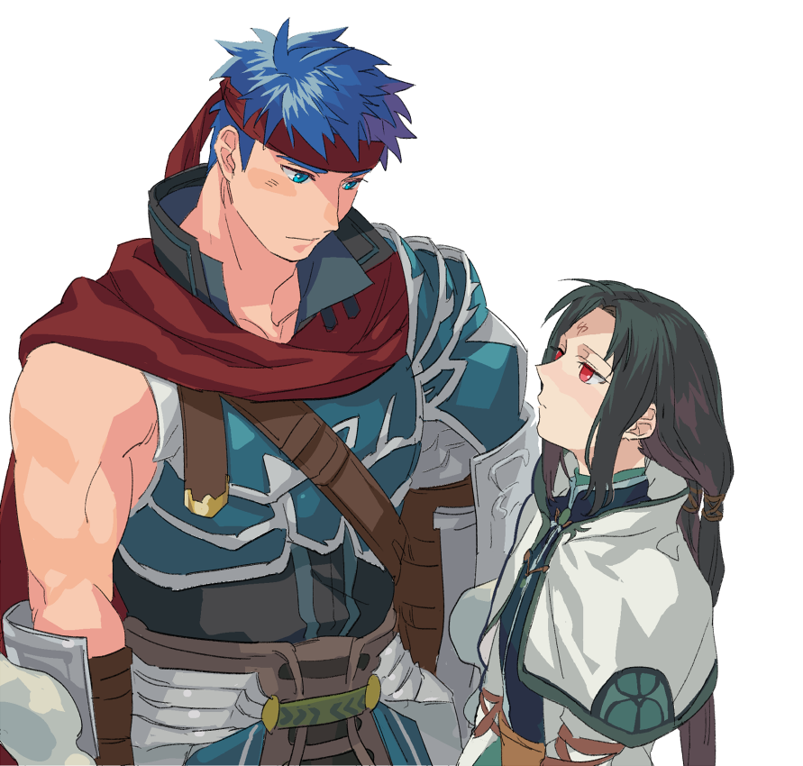 2boys armor black_hair blue_eyes blue_hair cape commentary_request eye_contact facial_mark fire_emblem fire_emblem:_radiant_dawn forehead_mark headband ike_(fire_emblem) ike_(vanguard_legend)_(fire_emblem) long_hair looking_at_another male_focus multiple_boys nintendo official_alternate_costume pauldrons picnicic red_cape red_eyes red_headband short_hair shoulder_armor simple_background single_pauldron soren_(fire_emblem) soren_(radiant_confidant)_(fire_emblem) upper_body white_background
