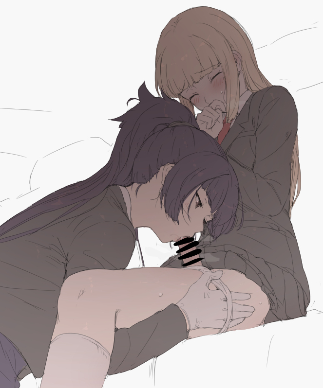 1futa 1girl bad_link bar_censor black_hair blonde_hair blush butler censored chauffeur_(mdf_an) closed_eyes fellatio formal_clothes futa_with_female futanari futanari-sama_(mdf_an) half-closed_eyes hand_to_own_mouth hime_cut kneehighs mdf_an multiple_girls oral original panties panty_pull pleated_skirt ponytail school_uniform simple_background sitting skirt socks suit underwear white_panties yuri