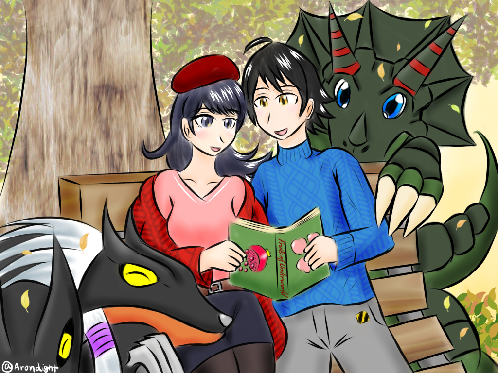 1boy 1girl blue_eyes blush book cerberumon couple digimon digimon_survive horns momotsuka_takuma reading shibuya_aoi sitting tail triceramon