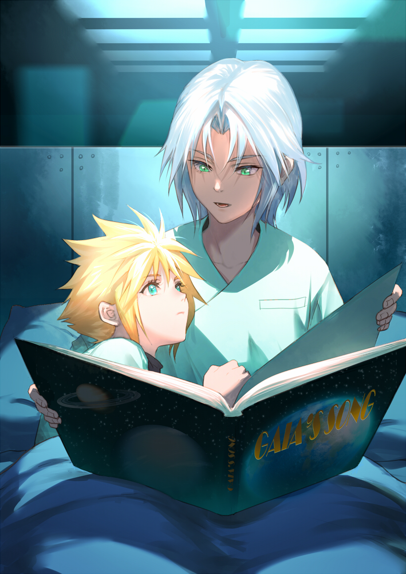2boys aged_down alternate_universe bed blonde_hair book closed_mouth cloud_strife couple cuddling eilinna eyelashes final_fantasy final_fantasy_vii green_eyes grey_hair holding holding_book male_focus multiple_boys on_bed open_book open_mouth reading saturn_(planet) sephiroth sephiroth_(ever_crisis) short_hair spiked_hair under_covers yaoi