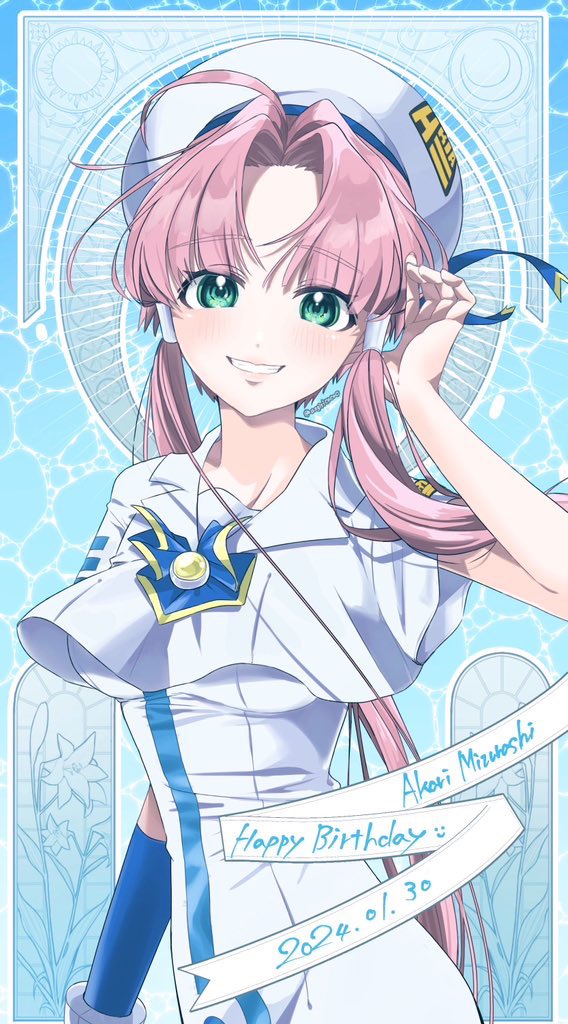 1girl alternate_breast_size aogirism aria_(manga) aria_company_uniform beret blue_background blue_bow blue_bowtie blue_gloves blue_ribbon blush bow bowtie breasts character_name dated dress elbow_gloves english_text gloves gold_trim green_eyes hair_ornament hair_tubes hand_up happy_birthday hat hat_ribbon impossible_clothes impossible_dress looking_at_viewer medium_breasts mizunashi_akari parted_bangs pink_hair ribbon sailor_collar short_hair_with_long_locks short_sleeves single_glove smile solo upper_body white_dress white_hat