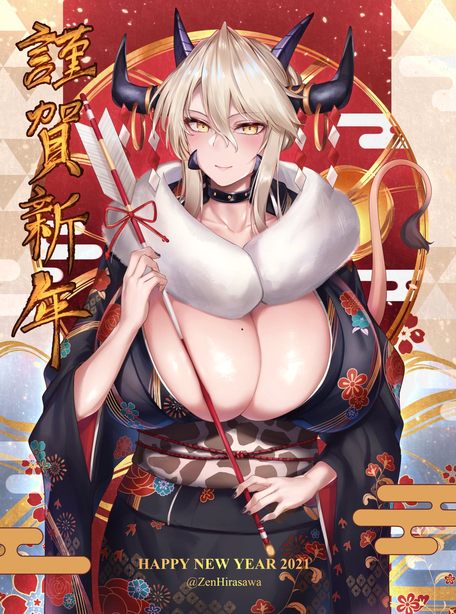 1girl 2021 arrow artoria_pendragon_(fate) artoria_pendragon_(lancer_alter)_(fate) breasts cleavage fate/grand_order fate_(series) highres hirasawa_seiji huge_breasts japanese_clothes kimono mature_female mole mole_on_breast nail_polish new_year smile twitter_username white_hair