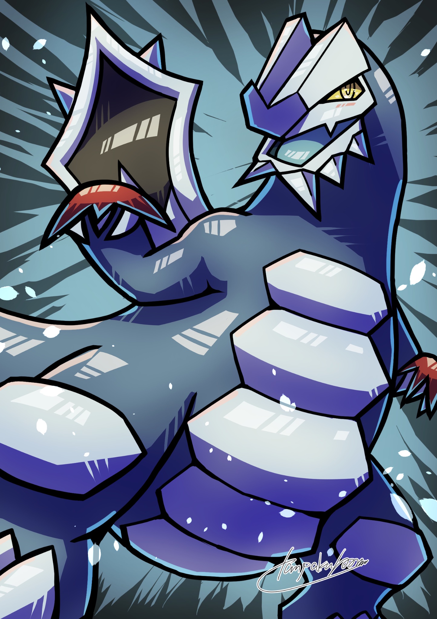 animal_focus baxcalibur claws colored_sclera commentary_request fangs grey_background highres nintendo no_humans open_mouth pokemon pokemon_(creature) signature skin_fangs standing tail tanpakuroom tongue yellow_eyes yellow_sclera