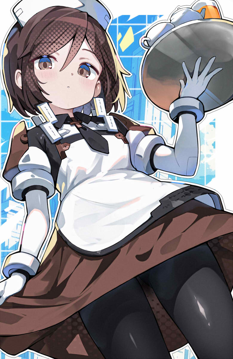 1girl apron black_dress black_necktie black_pantyhose bracelet brown_dress brown_eyes brown_hair collared_dress commentary_request cunnon cup dress elbow_gloves expressionless gloves hair_between_eyes hat highres holding holding_tray jewelry looking_at_viewer maid necktie nurse_cap omochishiki outline pantyhose parted_lips puffy_short_sleeves puffy_sleeves short_hair short_sleeves skirt_hold sleeve_cuffs solo summon_night teacup tray two-tone_dress white_apron white_gloves white_hat white_outline