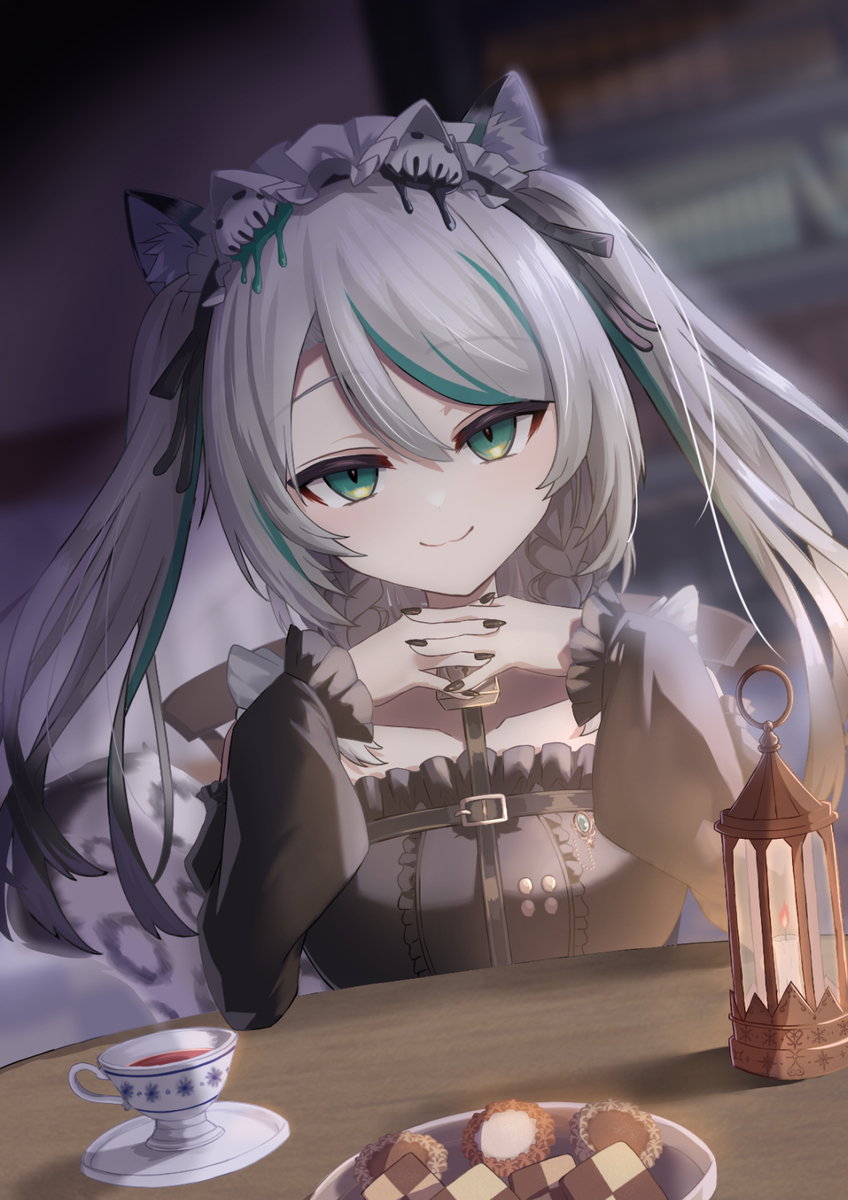 animal_ears bad_tag black_sky braided_sidelocks cake cheek_rest copyright_request cross-laced_clothes cross-laced_sleeves dessert food frilled_straps fuzzy_clothes grey_nails grey_tail highres hinamori_anthea holding holding_saucer indie indie_virtual_youtuber leopard_ears leopard_tail maid nata_(tool) non-web_source red_pupils saucer sky snow_leopard_tail strawberry_shortcake tail teapot virtual wallpaper_(object)