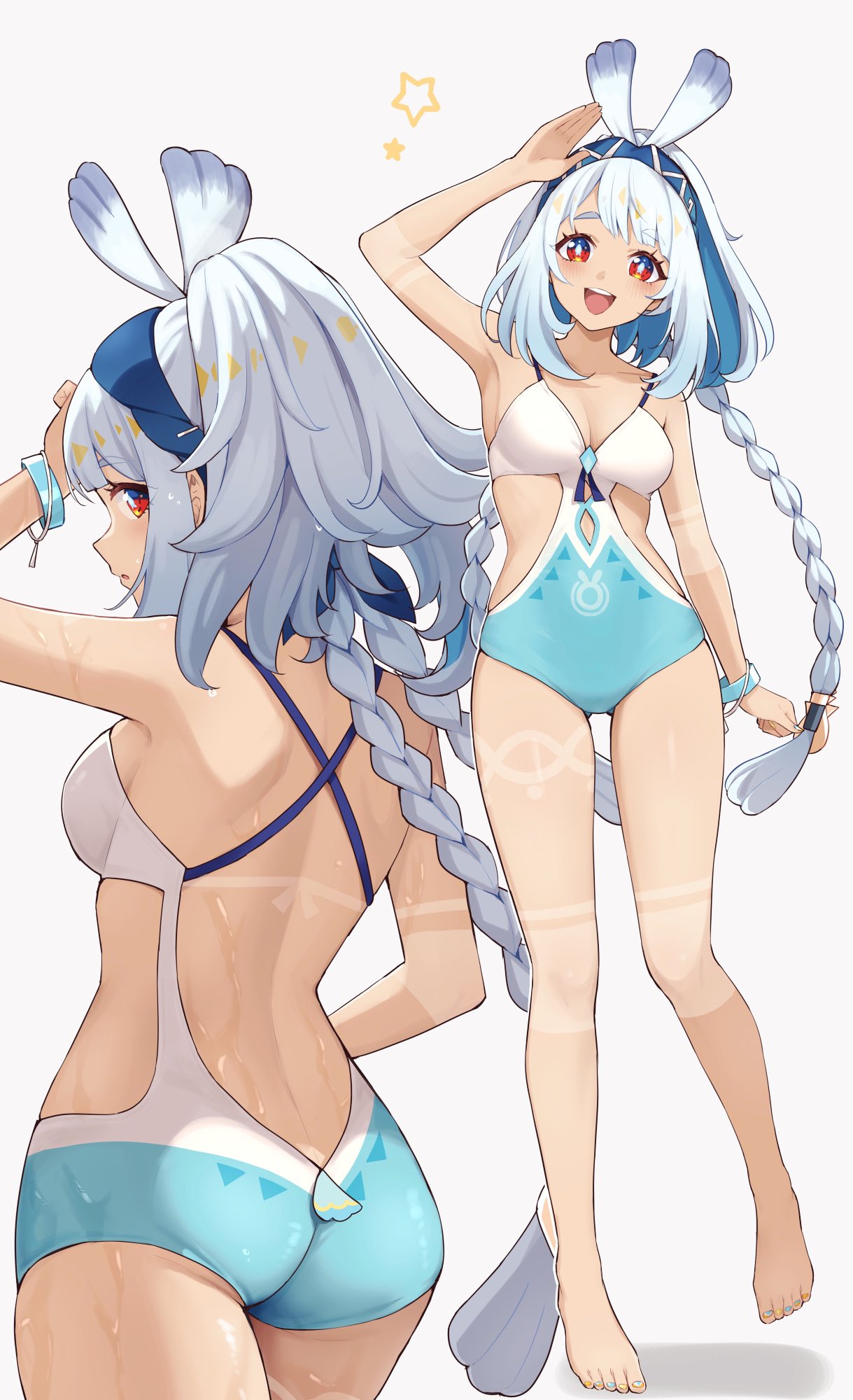 1girl arm_up armpits ass bare_shoulders barefoot blue_hairband blue_one-piece_swimsuit blush body_markings braid breasts chinchilla_ears chinchilla_girl cleavage dark_skin fish-shaped_pupils genshin_impact hairband hawaiian_clothes highres long_hair looking_at_viewer low_twin_braids mualani_(genshin_impact) mualani_(hot_springs)_(genshin_impact) multicolored_swimsuit navel one-piece_swimsuit open_mouth red_eyes smile solo swimsuit symbol-shaped_pupils tan toes twin_braids ura_(hamburg_oniku) wet white_hair white_one-piece_swimsuit