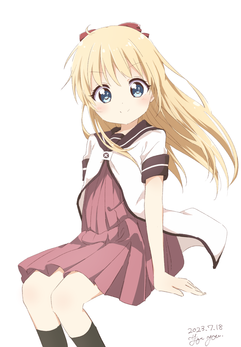1girl black_sailor_collar black_socks blue_eyes blush bow closed_mouth commentary_request dated dress english_text hair_bow happy highres invisible_chair jacket kneehighs long_hair looking_at_viewer mearian nanamori_school_uniform pleated_dress red_bow red_dress sailor_collar sailor_dress school_uniform short_sleeves simple_background sitting smile socks solo split_mouth toshinou_kyouko white_background white_jacket yuruyuri