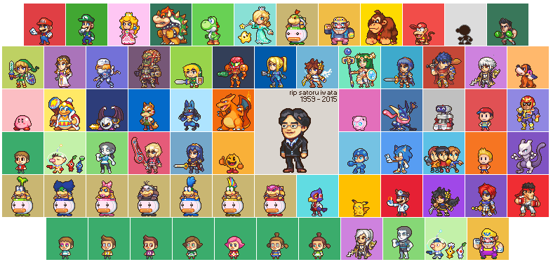 alph_(pikmin) animal_crossing artist_request black_hair blonde_hair bowser bowser_jr. captain_falcon charizard creatures_(company) dark_pit diddy_kong donkey_kong donkey_kong_(series) donkey_kong_country dr._mario dr._mario_(game) duck_hunt facial_hair falco_lombardi family_computer_robot fire_emblem fire_emblem_awakening formal_clothes fox_mccloud game_&amp;_watch game_freak gen_1_pokemon gen_4_pokemon gen_6_pokemon glasses gloves greninja hat iggy_koopa iwata_satoru jewelry jigglypuff kid_icarus king_dedede kirby kirby_(series) larry_koopa legendary_pokemon lemmy_koopa link little_mac long_hair lucario lucas_(mother_3) lucina_(fire_emblem) ludwig_von_koopa luigi luma_(mario) mario mario_(series) mega_man_(series) metroid mewtwo mii_(nintendo) mii_brawler mii_gunner mii_swordfighter monkey morton_koopa_jr. mother_(series) mother_2 mr._game_&amp;_watch multiple_boys multiple_girls mustache necktie neorice ness_(mother_2) nintendo olimar pac-man pac-man_(game) palutena pikachu pikmin_(creature) pixel_art pointy_ears pokemon pokemon_(creature) princess_peach princess_zelda punch-out!! rest_in_peace_(phrase) robin_(female)_(fire_emblem) robin_(fire_emblem) robin_(male)_(fire_emblem) rosalina roy_koopa ryu_(street_fighter) samus_aran short_hair shulk_(xenoblade) simple_background sonic_(series) sonic_the_hedgehog star_fox street_fighter suit super_mario_galaxy super_smash_bros. the_legend_of_zelda the_legend_of_zelda:_twilight_princess toon_link villager_(animal_crossing) wario wendy_o._koopa wii_fit wii_fit_trainer wii_fit_trainer_(female) yoshi zero_suit
