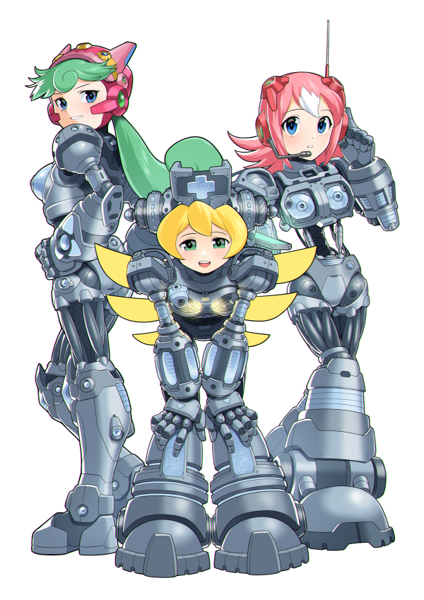 3girls bent_over blonde_hair blue_eyes blush cinnamon_(mega_man) full_body green_eyes green_hair group_picture hypericum_(mppv1862) long_hair marino_(mega_man) medium_hair mega_man_(series) mega_man_x:_command_mission mega_man_x_(series) multicolored_hair multiple_girls nana_(mega_man_x:_command_mission) pink_hair robot_girl shirt simple_background standing streaked_hair two-tone_hair white_background white_shirt