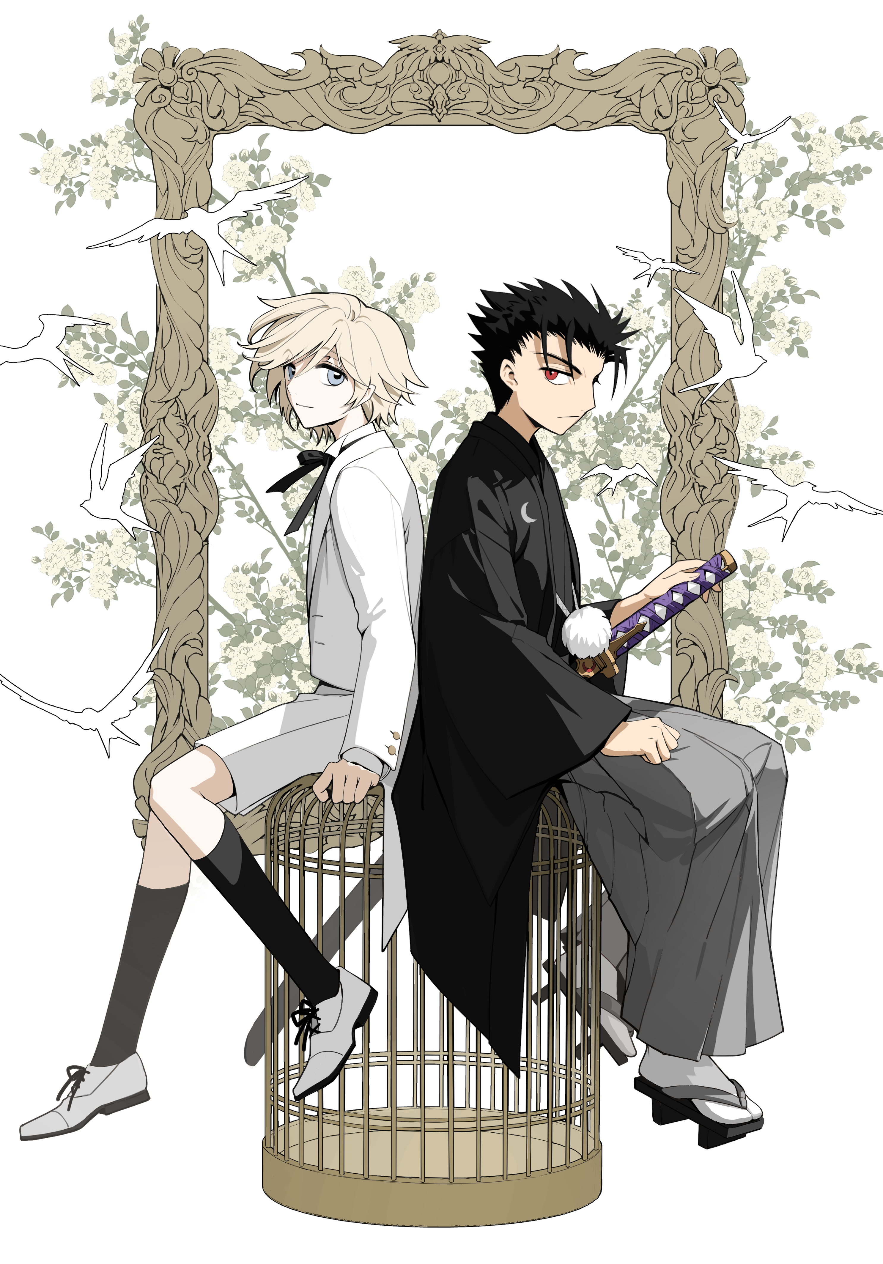 2boys absurdres aged_down back-to-back bird birdcage black_bow black_bowtie black_hair black_kimono black_socks blonde_hair blue_eyes bow bowtie branch cage child crescent_print fai_d._flowright floral_background full_body geta grey_hakama hakama haori_himo highres jacket japanese_clothes katana kimono kneehighs kurogane_(tsubasa_chronicle) long_sleeves looking_at_viewer male_focus multiple_boys picture_frame red_eyes short_hair shorts simple_background sitting sitting_on_object smile socks sword tabi tsubasa_chronicle weapon white_background white_footwear white_jacket white_shorts white_socks wide_sleeves yuefanfan