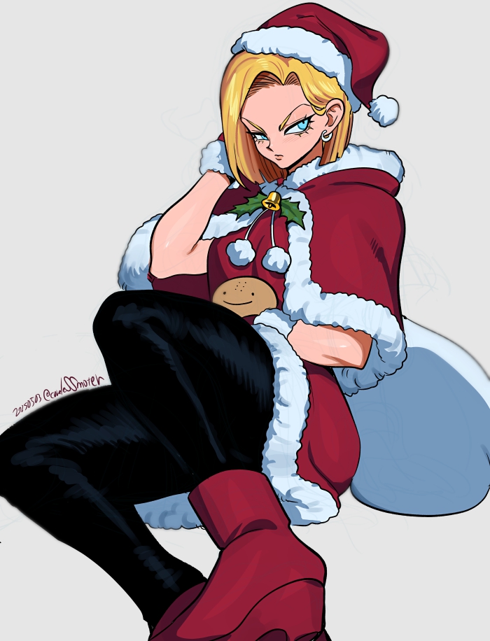 1girl android_18 bag black_pantyhose blonde_hair blue_eyes dragon_ball dragonball_z dress hat holding holding_bag mistletoe nanika_(nnkgh) pantyhose red_shoes red_skirt santa_costume santa_dress santa_hat shoes short_hair skirt unamused