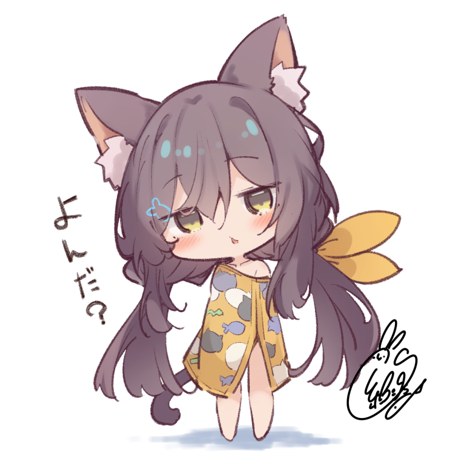 1girl animal_ear_fluff animal_ears bare_shoulders beni_shake brown_eyes brown_hair cat_ears cat_girl cat_tail character_request check_character chibi commentary_request full_body hair_between_eyes hair_ribbon head_tilt lilly_(reverseblue) long_hair low_twintails off_shoulder reverseblue_x_re-birthend ribbon shadow signature simple_background solo standing tail translation_request twintails very_long_hair white_background wrap_towel yellow_ribbon