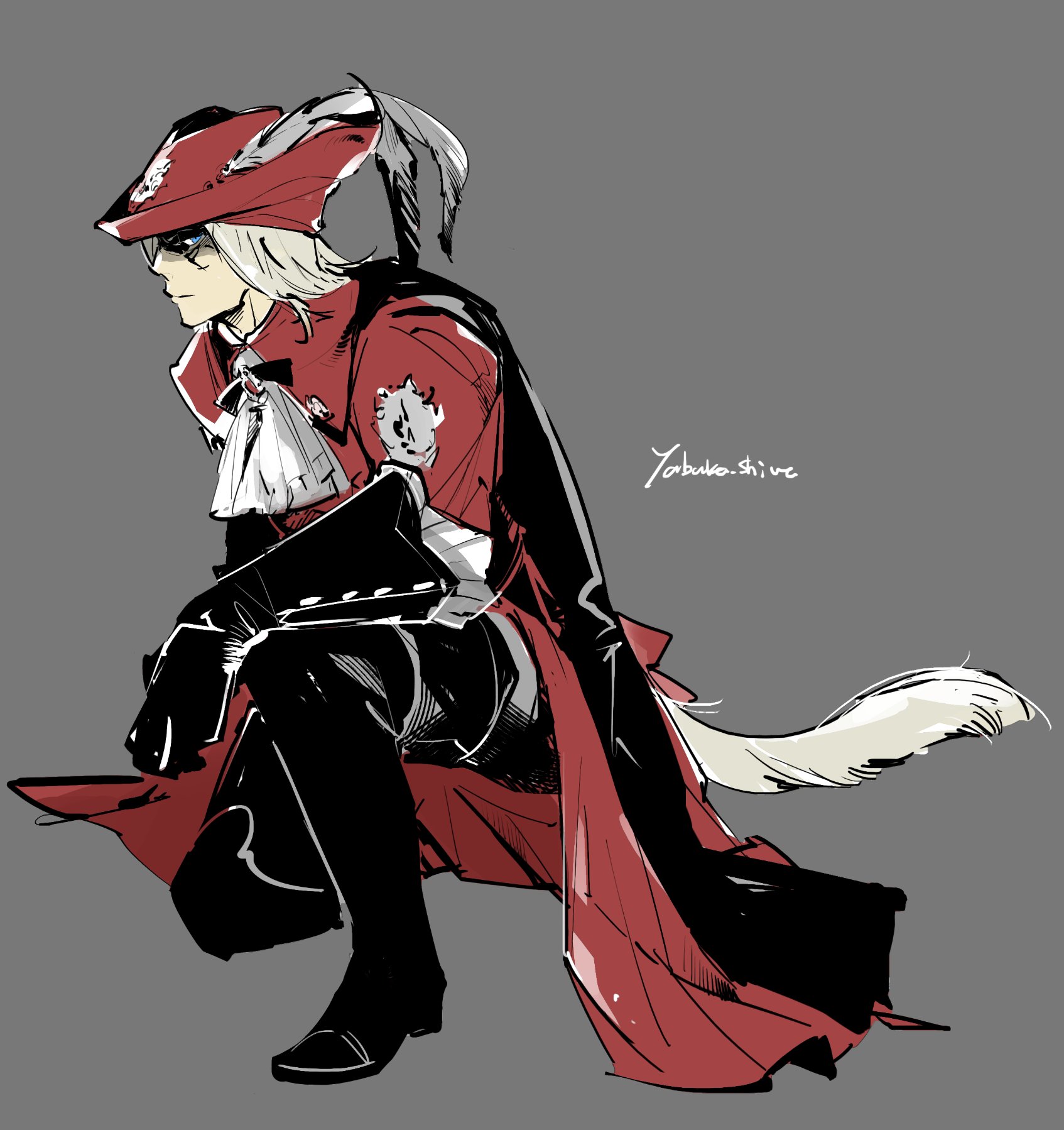 1boy ascot blue_eyes coat final_fantasy final_fantasy_xiv full_body grey_background highres kneeling male_focus miqo&#039;te red_coat red_mage_(final_fantasy) shaded_face signature simple_background solo white_ascot white_hair x&#039;rhun_tia yabuka_shiwa