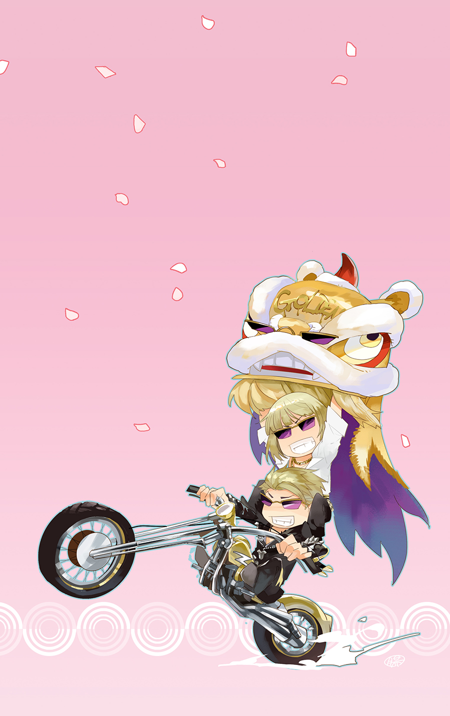 2boys black_jacket blonde_hair blunt_bangs bob_cut chibi chopper_(motorcycle) dual_persona fate/grand_order fate_(series) grin guttia highres jacket jewelry leather leather_jacket lion_dance loose_clothes male_focus motor_vehicle motorcycle multiple_boys necklace petals sakata_kintoki_(fate) sakata_kintoki_(rider)_(fate) smile spiked_hair sunglasses