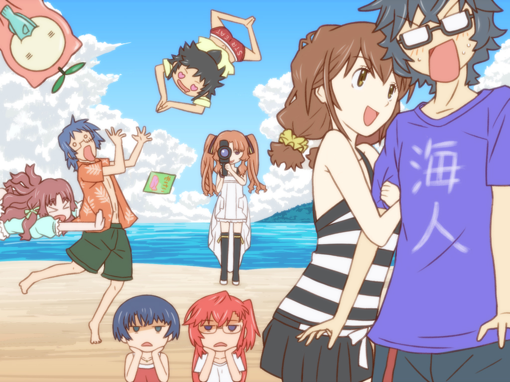 10s 2boys 6+girls ano_natsu_de_matteru arisawa_chiharu beach black_hair blue_hair bow brown_hair clothes_writing cloud day diving english_text engrish_text everyone glasses hair_bow heart heart-shaped_eyes ishigaki_tetsuro ishigaki_tetsurou island kinoshita_kaori kirishima_kaito kitahara_mio multiple_boys multiple_girls ocean oniyan outdoors pushing ranguage red_hair rinon_(ano_natsu_de_matteru) saliva sand sky takatsuki_ichika tanigawa_kanna thighhighs twintails water yamano_remon