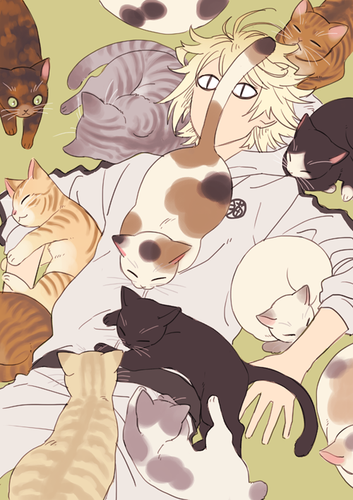 1boy animal animal_on_chest animal_on_lap animal_on_stomach blonde_hair calico_(pattern) casual cat enmto grey_hoodie grey_pants hood hoodie lying male_focus nansen_ichimonji on_back on_floor on_lap pants slit_pupils solo too_many too_many_cats touken_ranbu track_suit
