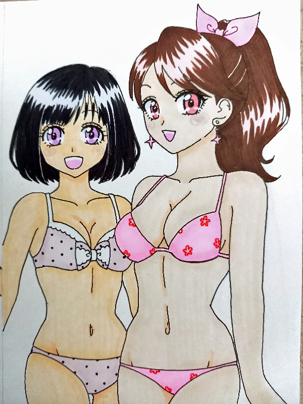 2girls bikini black_hair brown_hair igasaki_fuuka kwai_chi purple_eyes momochi_kasumi multiple_girls pink_eyes shuriken_sentai_ninninger super_sentai swimsuit