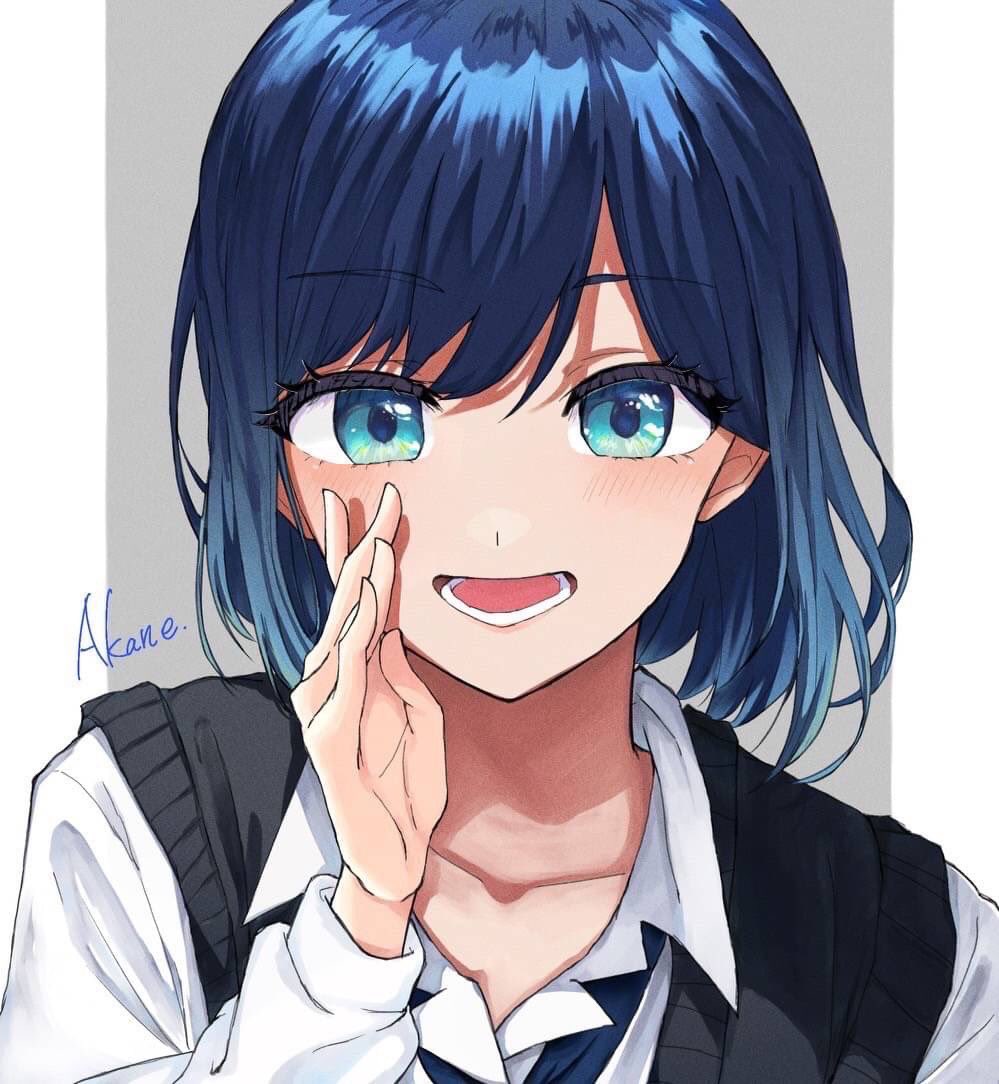 1girl blue_eyes blue_hair collarbone collared_shirt commentary_request english_text goriland_inuta hand_up kurokawa_akane looking_at_viewer lower_teeth_only open_mouth oshi_no_ko shirt solo teeth vest white_shirt
