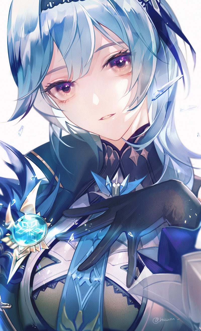1girl black_gloves blue_hair blue_neckwear breasts center_opening eula_(genshin_impact) eula_lawrence genshin_impact gloves hairband half-closed_eyes hand_on_own_chest highres large_breasts looking_at_viewer parted_lips purple_eyes rokuon smile solo upper_body