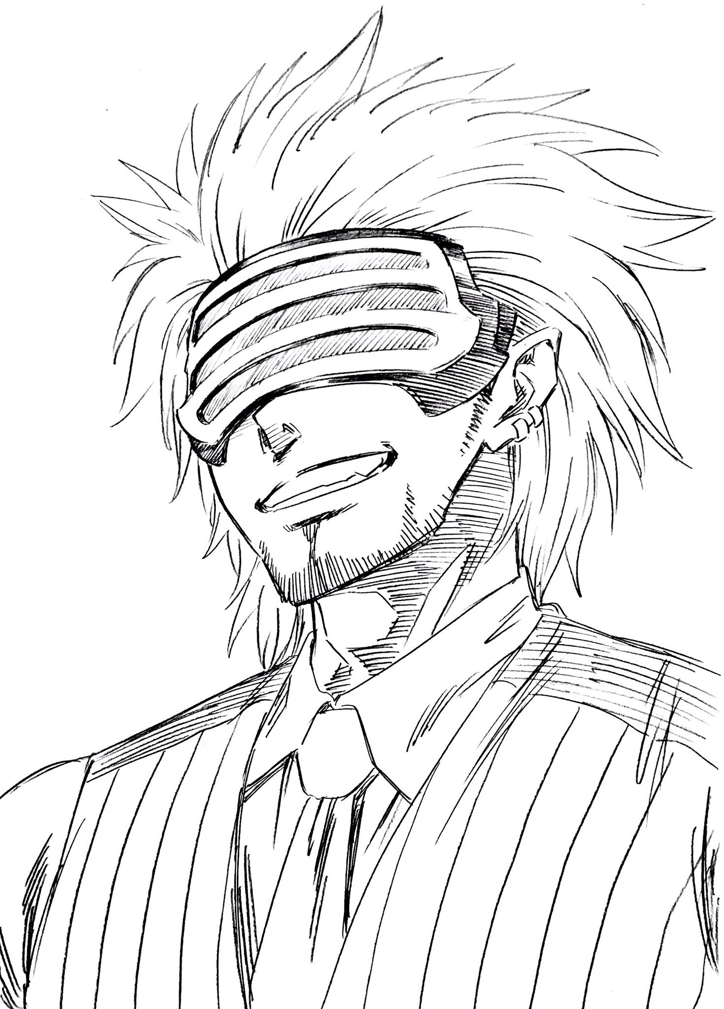 1boy ace_attorney capcom earrings facial_hair goatee godot_(ace_attorney) graphite_(medium) greyscale grin hatching_(texture) highres jewelry lee_(dragon_garou) male_focus monochrome necktie phoenix_wright:_ace_attorney_-_trials_and_tribulations sketch smile solo traditional_media upper_body vest visor