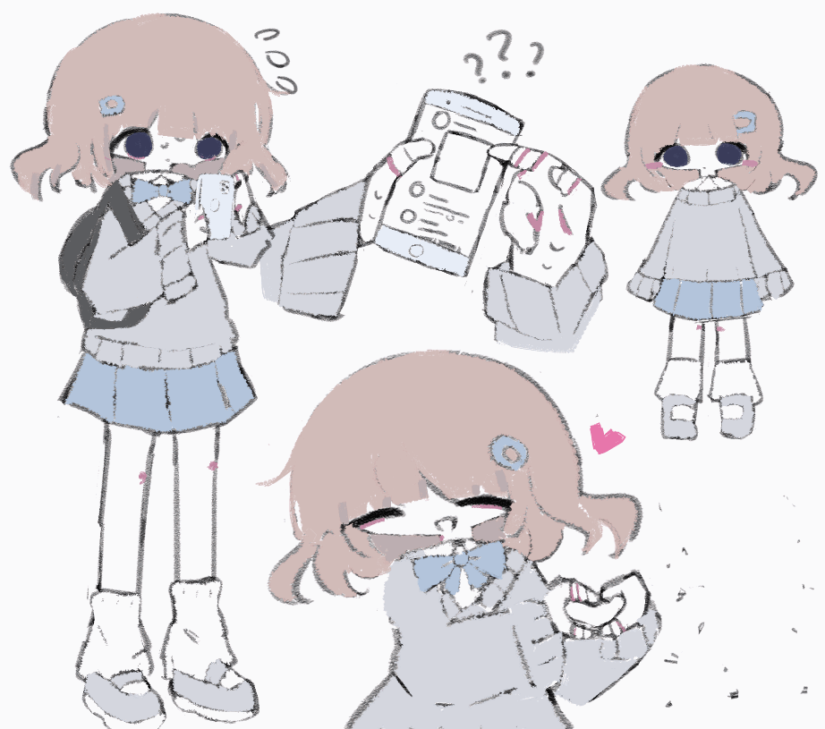 :d ? animated animated_gif black_bag blinking blood blue_bow blue_bowtie blue_skirt bow bowtie broken_heart brown_hair cellphone che_(cagelabyrinth) closed_eyes cuts dismemberment flying_sweatdrops grey_sweater hair_ornament hairclip heart injury long_sleeves mary_janes multiple_views open_mouth original phone scribble shoes skirt sleeves_past_fingers sleeves_past_wrists smartphone smile split_head surreal sweater torn_clothes white_background