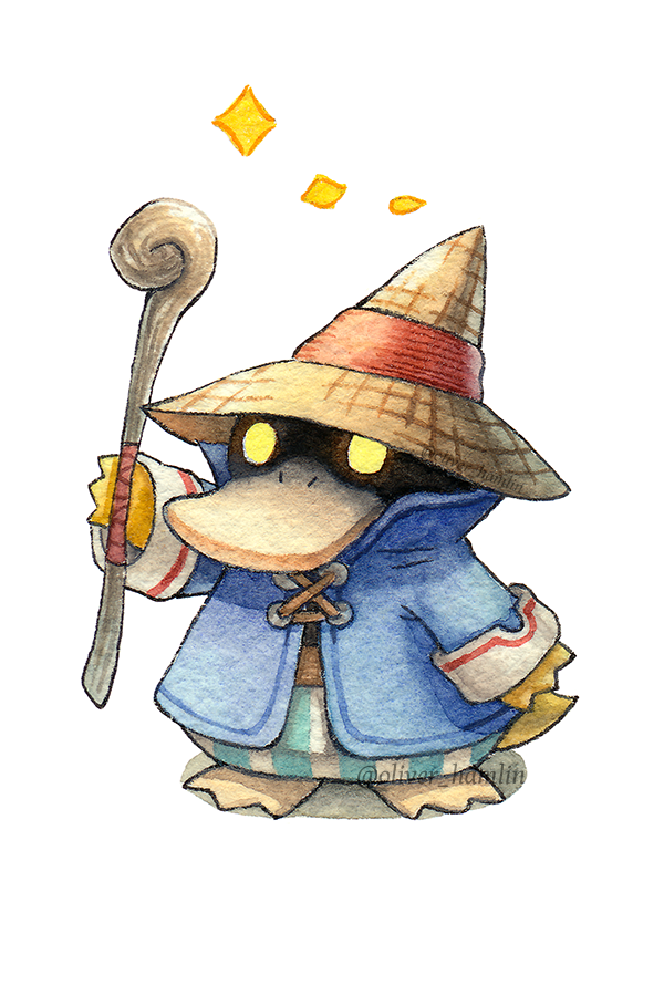 beak bird black_mage_(final_fantasy) commentary duck english_commentary final_fantasy game_freak gen_1_pokemon glowing glowing_eyes hat holding holding_staff nintendo oliver_hamlin pokemon pokemon_(creature) psyduck sparkle staff straw_hat twitter_username webbed_feet white_background wooden_staff