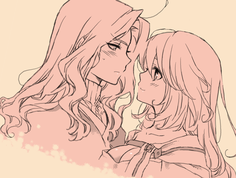 2girls ahoge artist_request belt blush breasts cleavage eye_contact fate/apocrypha fate/grand_order fate_(series) genderswap genderswap_(mtf) long_hair looking_at_another monochrome multiple_girls georgios_(fate) simple_background smile st._george_(fate/apocrypha) vlad_iii_(fate/apocrypha) yuri