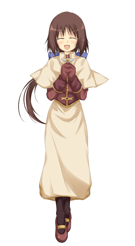 1girl :d acolyte_(ragnarok_online) black_socks blue_bow blush bow brown_gloves brown_hair brown_shirt brown_shoes capelet closed_eyes full_body gloves hair_bow large_variant_set long_hair long_skirt long_sleeves low_ponytail mary_janes official_art open_mouth own_hands_together ponytail ragnarok:_guild_masters ragnarok_online shirt shoes simple_background skirt smile socks solo standing transparent_background variant_set white_capelet white_skirt yumesato_makura