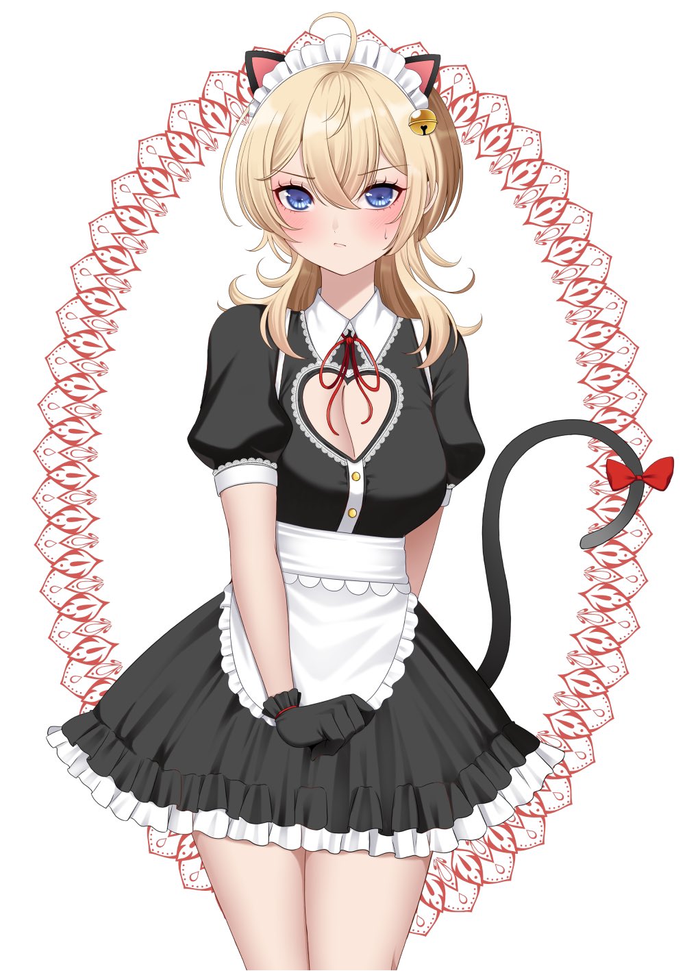 1girl alternate_costume animal_ears apron black_dress blonde_hair blue_eyes blush breasts cat_ears cat_tail cleavage_cutout clothing_cutout commentary dress enmaided fake_animal_ears fake_tail frilled_apron frilled_dress frills hair_between_eyes highres kantai_collection large_breasts looking_at_viewer maid maid_apron maid_headdress medium_hair puffy_short_sleeves puffy_sleeves short_sleeves solo tail tuscaloosa_(kancolle) waist_apron white_apron yomogi_dango
