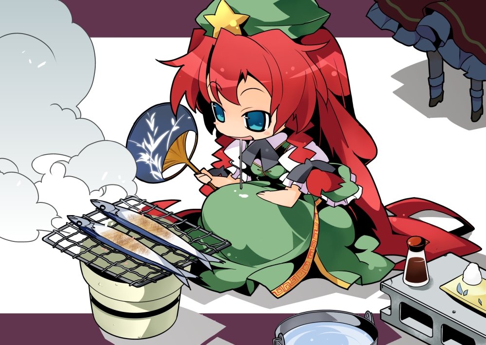 2girls blue_eyes blush_stickers bucket cooking drooling embodiment_of_scarlet_devil female_focus fish flandre_scarlet flower_pot grill grilling hand_fan hat hong_meiling izayoi_sakuya multiple_girls nyuusankin paper_fan red_hair rice saliva saury shichirin smoke soy_sauce touhou uchiwa water