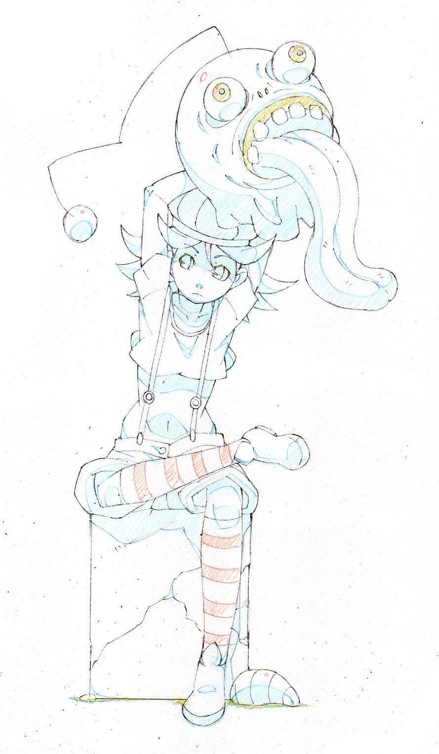 1girl breath_of_fire breath_of_fire_iv closed_mouth full_body hand_puppet highres kneehighs midriff mijinnko monochrome navel oshieta_girl puppet shirt short_hair short_sleeves shorts simple_background sitting socks solo striped_clothes striped_socks suspender_shorts suspenders white_background white_shirt