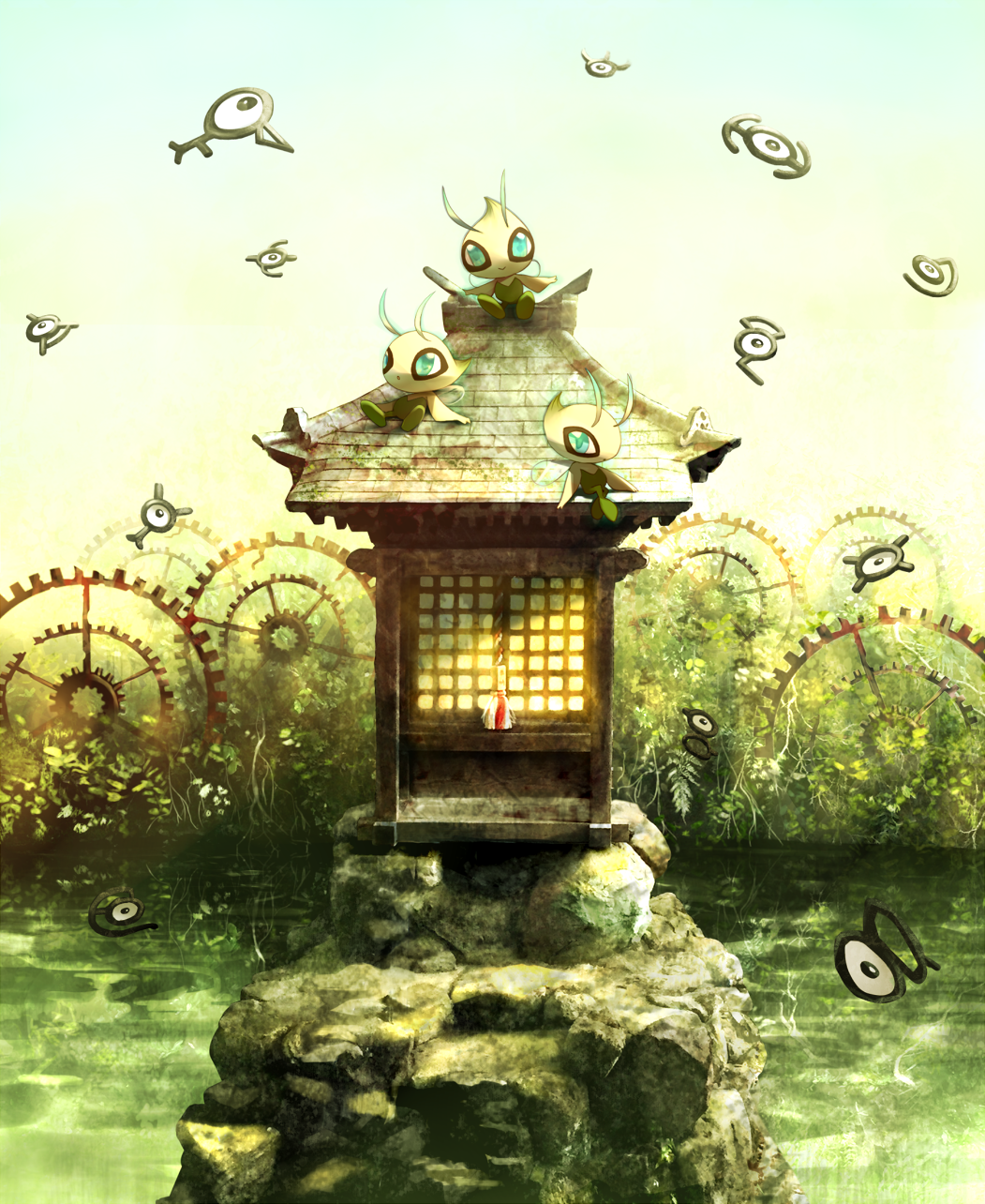 aqua_eyes black_eyes blue_sky celebi closed_mouth crossed_legs day full_body gear gen_2_pokemon grass happy highres legendary_pokemon looking_at_viewer looking_up mythical_pokemon nintendo no_humans one-eyed open_mouth outdoors pokemon pokemon_(creature) pokemon_gsc pond ribero shrine sitting sky smile solo unown unown_a unown_b unown_c unown_d unown_e unown_f unown_g unown_h unown_v unown_w unown_x unown_y water