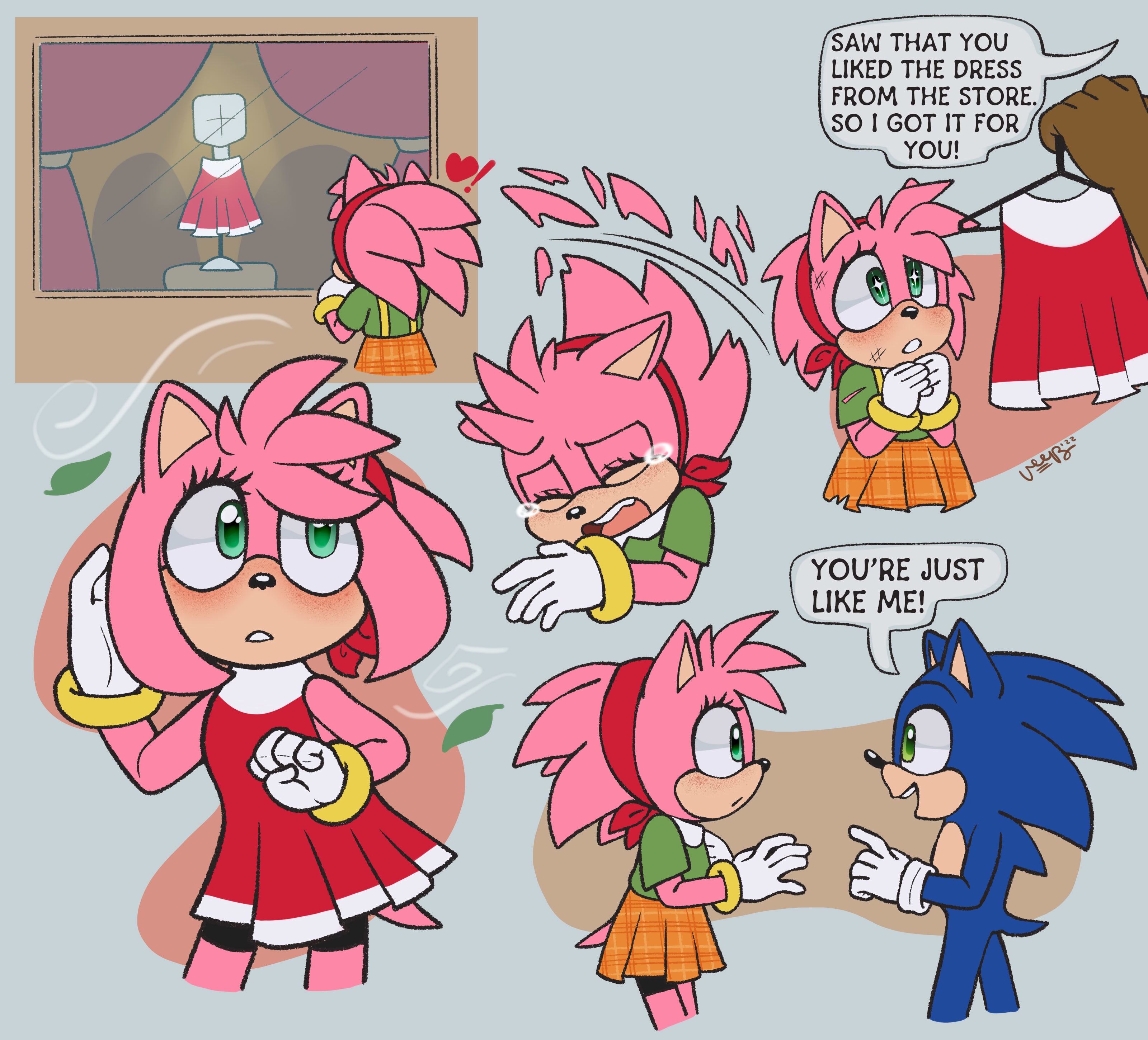 absurdres aged_down amy_rose blue_fur bracelet clothes_shop dress gloves green_eyes hairband hedgehog highres jewelry paramount_pictures pink_fur shirt skirt sonic_(live_action) sonic_(series) sonic_the_hedgehog sonic_the_hedgehog_(film) sonic_the_hedgehog_3_(film) spiked_hair tears torn_clothes veep_beep wind window