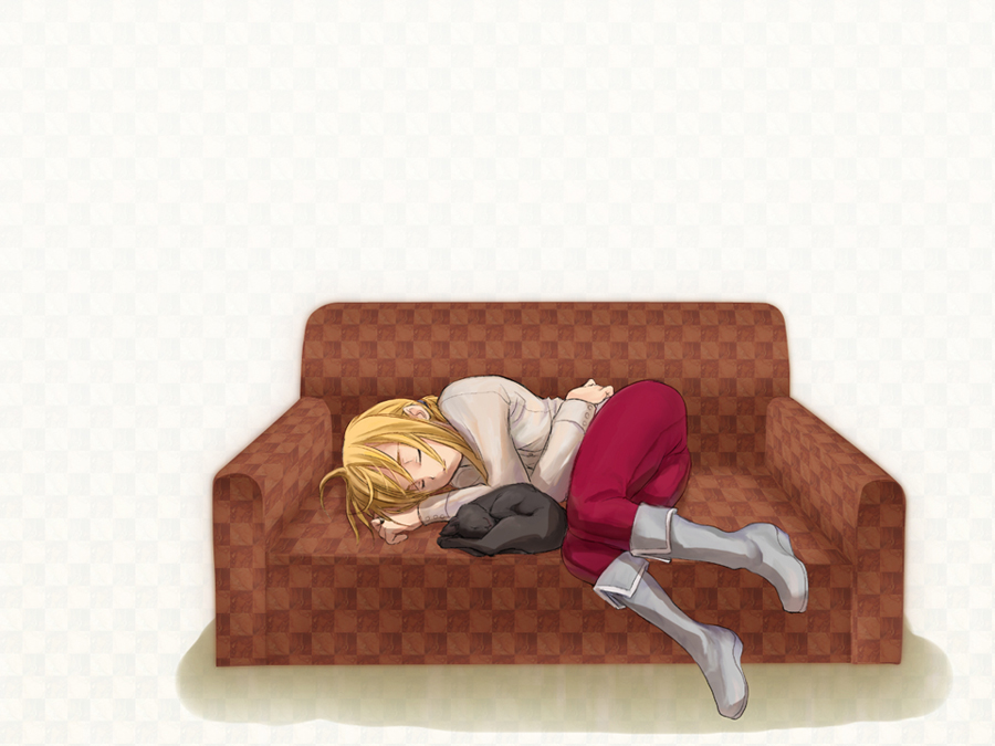 1girl androgynous black_cat blonde_hair boots brown_upholstery cat collared_shirt couch daijou_kiyosu diana_(umineko) closed_eyes female_focus knee_boots lying male_focus no_jacket on_side pants patterned_upholstery red_pants shirt sleeping solo umineko_no_naku_koro_ni ushiromiya_lion