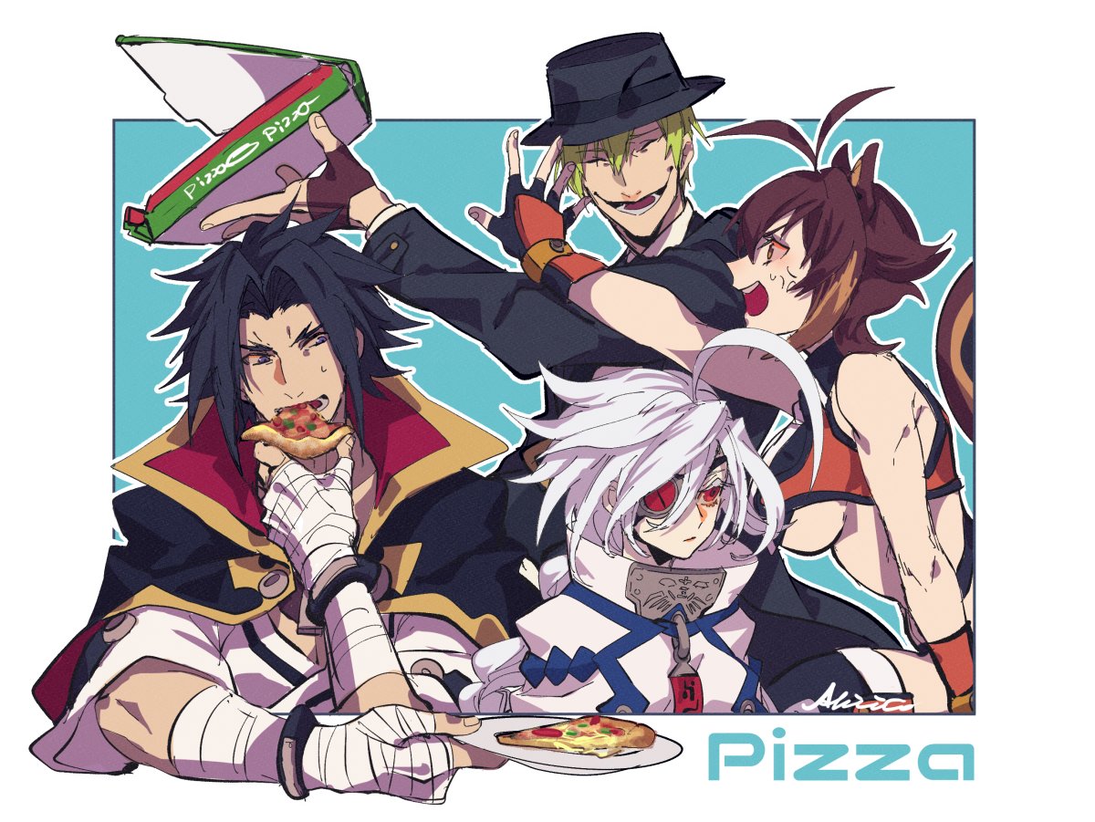 2boys 2girls akilico animal_ears black_hair breasts brown_hair food green_hair hat hazama jacket kagura_mutsuki large_breasts long_hair makoto_nanaya multiple_boys multiple_girls nu-13 pizza short_hair sleeveless squirrel_ears squirrel_tail tail underboob white_hair
