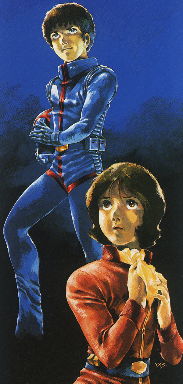 1970s_(style) 1980s_(style) 1boy 1girl amuro_ray belt black_eyes brown_eyes brown_hair earth_federation_space_forces fraw_bow gundam helmet highres mobile_suit_gundam official_art oldschool painting_(medium) pilot pilot_suit production_art promotional_art retro_artstyle scan scarf science_fiction signature spacesuit traditional_media unworn_headwear unworn_helmet yasuhiko_yoshikazu yellow_scarf