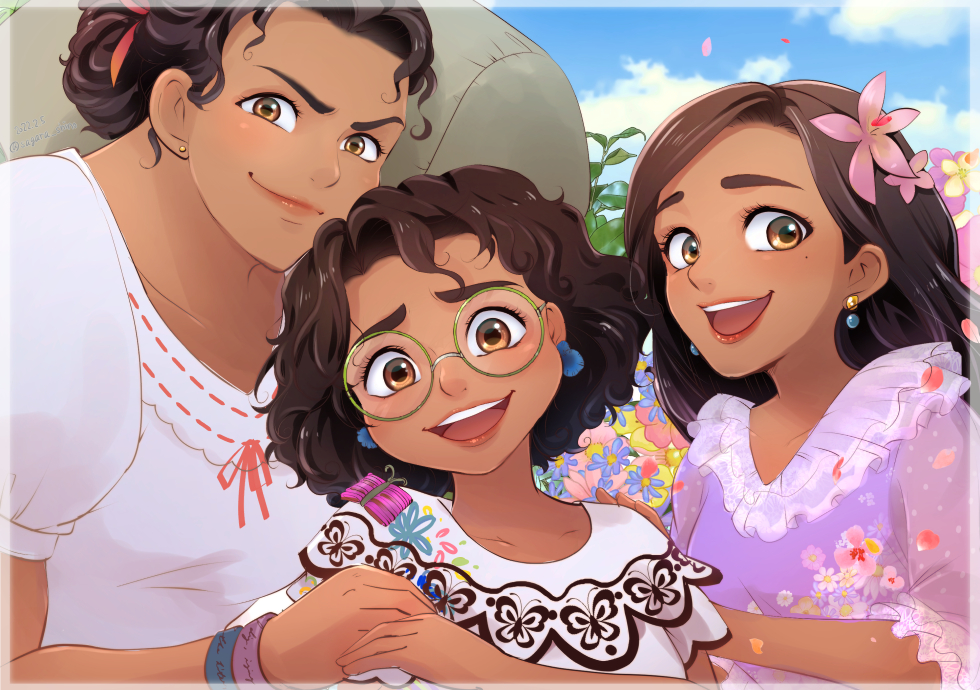 3girls black_hair brown_eyes brown_hair curly_hair dark-skinned_female dark_skin dress earrings encanto glasses isabela_madrigal jewelry long_hair luisa_madrigal mirabel_madrigal multiple_girls sagara_shino shirt siblings simple_background sisters skirt smile