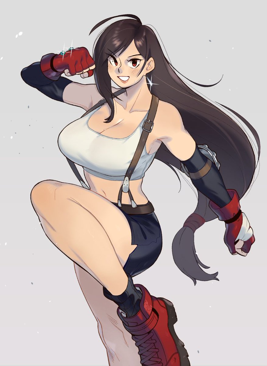1girl black_gloves black_skirt breasts brown_hair cleavage earrings elbow_gloves fighting_stance final_fantasy final_fantasy_vii gloves grey_background highres jewelry large_breasts leg_up long_hair low-tied_long_hair miniskirt red_eyes red_footwear red_gloves simple_background skirt smile snowcie suspender_skirt suspenders tank_top tifa_lockhart very_long_hair white_tank_top