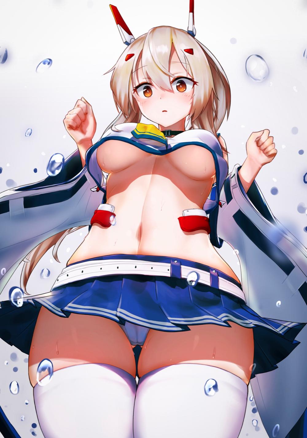 1girl ayanami_(azur_lane) ayanami_(retrofit)_(azur_lane) azur_lane blue_sailor_collar blue_skirt blush breasts crop_top female_focus hair_between_eyes headgear high_ponytail highres light_brown_hair looking_at_viewer panties pleated_skirt ponytail remodel_(azur_lane) sailor_collar school_uniform serafuku shirt sidelocks skirt sleeveless sleeveless_shirt solo thighhighs underboob underwear upshirt west_24 white_panties white_shirt white_thighhighs yellow_neckwear