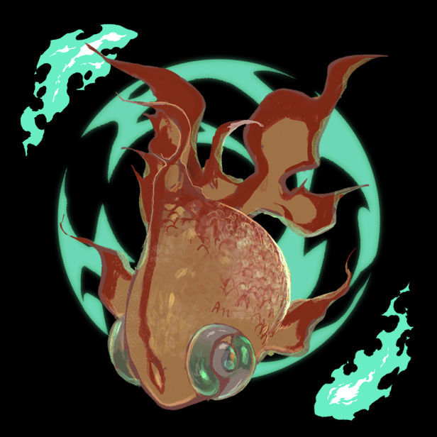 animal_focus black_background chi-yu_(pokemon) fire fish floating full_body goldfish green_eyes green_fire looking_at_viewer nintendo no_humans pleo pokemon pokemon_(creature) pokemon_focus simple_background solo