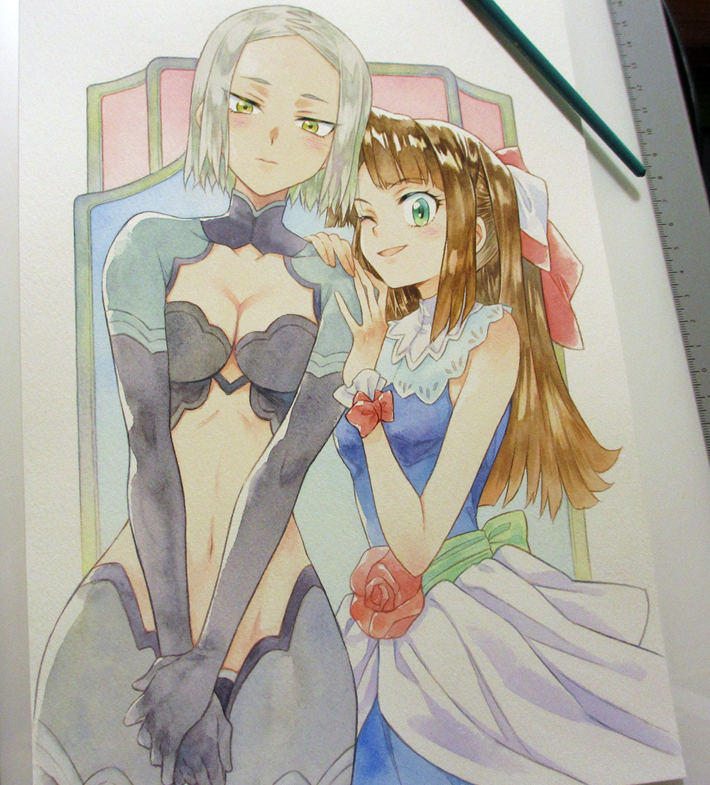 2girls agahari art_tools_in_frame back_bow black_bra black_shrug blue_dress bow bra breasts brown_hair cleavage closed_mouth commentary_request cowboy_shot dress flower flower_ornament green_bow green_eyes green_sash grey_hair grey_pantyhose hair_bow hands_on_another&#039;s_shoulder isekai_no_seikishi_monogatari long_hair looking_at_viewer maria_nanadan_vii medium_breasts multiple_girls navel one_eye_closed open_mouth own_hands_together painting_(medium) pantyhose photo_(medium) red_bow red_flower red_rose rose ruler sash short_hair shrug_(clothing) sleeveless sleeveless_dress smile standing stomach traditional_media underwear v_arms yellow_eyes yukine_mea