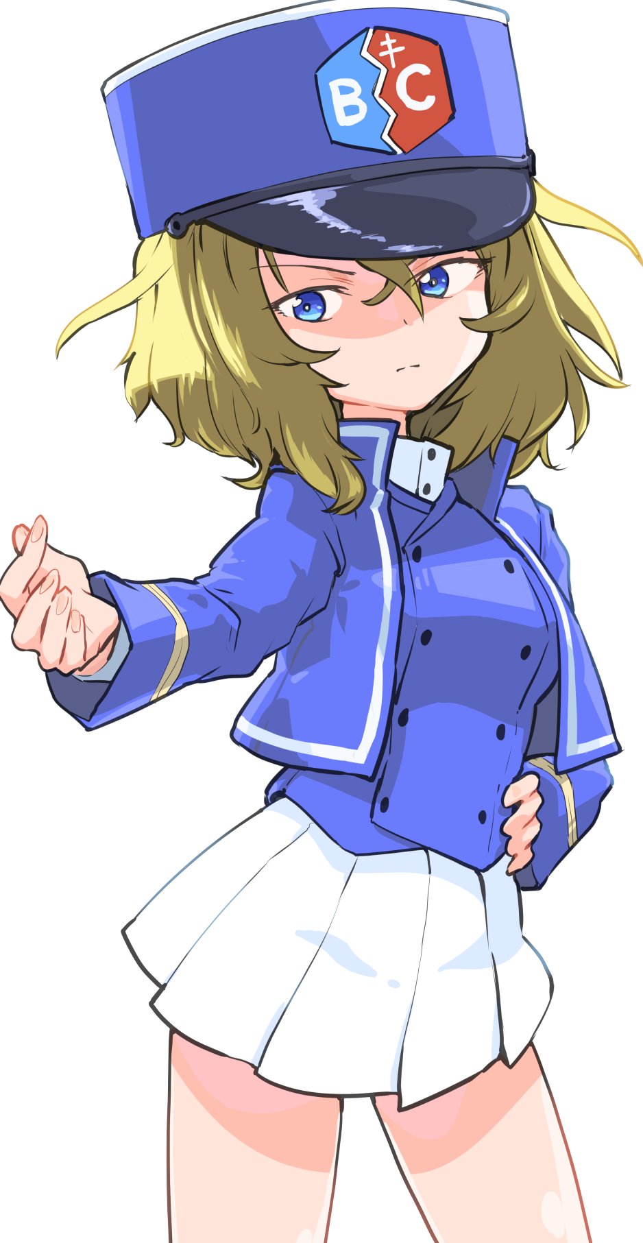 1girl bc_freedom_military_uniform blonde_hair blue_eyes breasts closed_mouth girls_und_panzer hand_on_own_hip highres looking_at_viewer military_uniform miniskirt monolith_(suibou_souko) oshida_(girls_und_panzer) short_hair simple_background skirt small_breasts solo white_background white_skirt