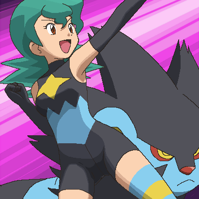 1girl aged_down bare_shoulders gen_4_pokemon gloves green_hair jenny_(pokemon) long_glove luxray marble_(pokemon) nintendo oekaki official_alternate_costume orange_eyes pointing pointing_to_the_side pokemon pokemon_(anime) pokemon_dp059 pokemon_dppt_(anime) skin_tight spandex striped_clothes