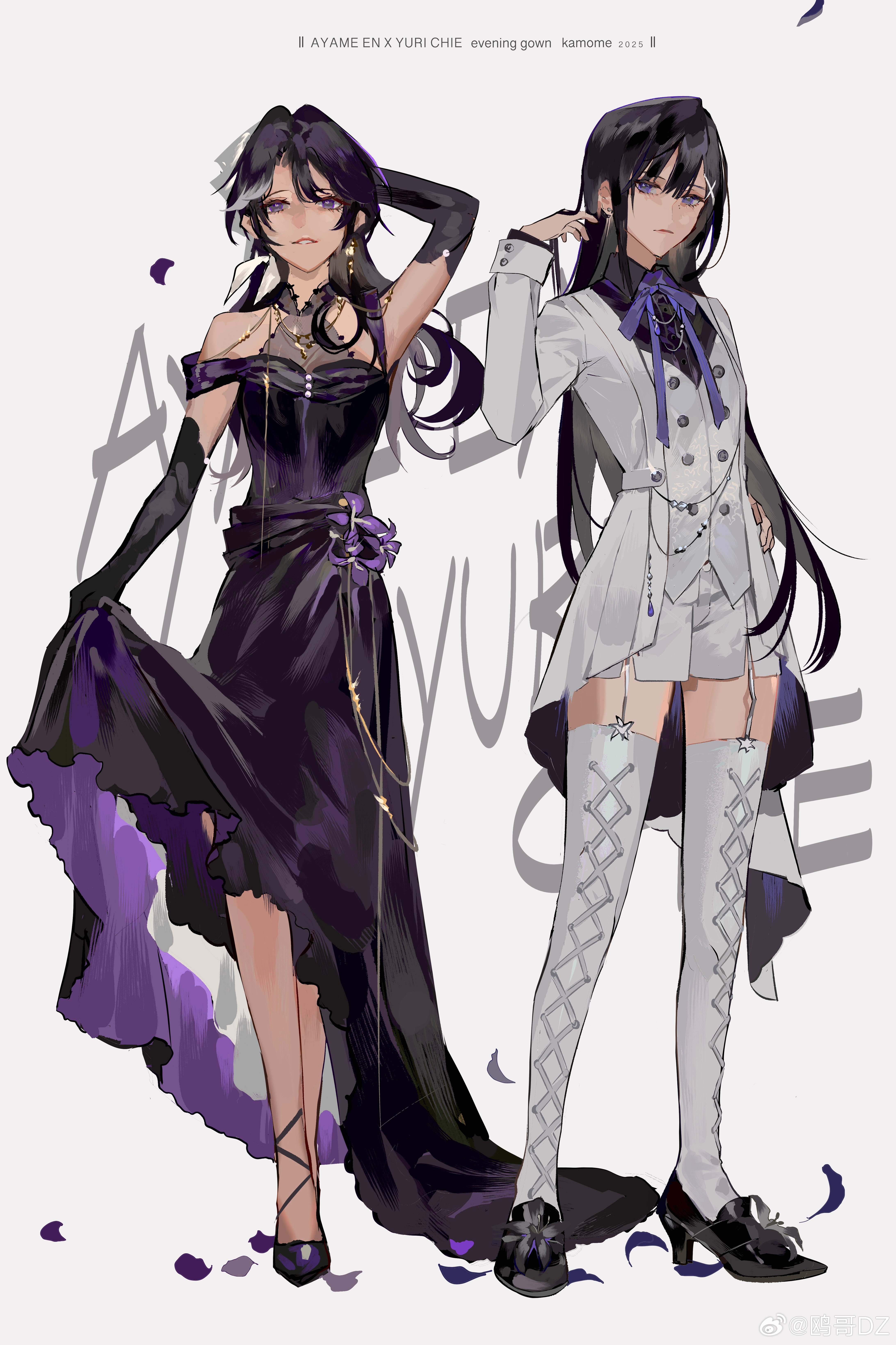 2girls absurdres arm_behind_head armpits ayame_en_(ouge_dz) bare_shoulders black_dress black_gloves black_hair black_shirt black_shoes bow bowtie breasts buttons character_name chinese_commentary cleavage closed_mouth coat collared_shirt commentary_request cross-laced_clothes cross-laced_legwear dress dress_flower earrings elbow_gloves english_text expressionless eyelashes feather_hair_ornament feathers flower footwear_flower frilled_dress frills full_body gloves gold_earrings grey_background grey_shirt hair_between_eyes hair_ornament hairclip halter_shirt halterneck hand_on_own_hip hand_up happy high_heels highres jewelry light_frown long_dress long_hair miniskirt multiple_girls off-shoulder_dress off_shoulder open_clothes open_coat original ouge_dz pansy parted_lips petals pleated_skirt pumps purple_bow purple_bowtie purple_eyes purple_flower purple_hair ribbed_thighhighs see-through_clothes see-through_shirt shirt shirt_under_dress shoes short_sleeves simple_background skirt skirt_hold smile standing teeth thighhighs two-sided_dress two-sided_fabric vest watermark weibo_watermark white_coat white_skirt white_thighhighs white_vest x_hair_ornament yuri_chie_(ouge_dz)