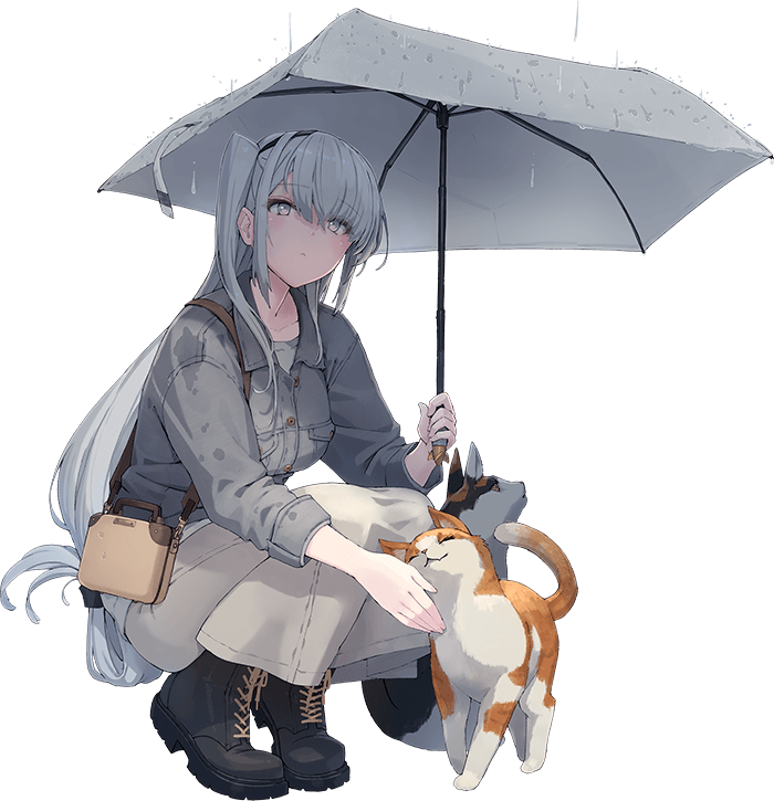1girl bag black_boots boots breast_pocket calico_(pattern) cat folded_hair fuyutsuki_(kancolle) fuyutsuki_(rainy_season)_(kancolle) grey_eyes grey_hair grey_jacket jacket kantai_collection lace-up_boots long_hair long_skirt official_alternate_costume official_art one_side_up petting pocket shizuma_yoshinori skirt solo squatting transparent_background umbrella wet wet_clothes white_skirt