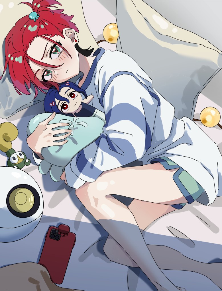 1girl amate_yuzuriha aqua_eyes blush cellphone character_doll crescent crescent_earrings doll dolphin_shorts earrings ensign_(i_can_friday_by_day!) green_shorts gundam gundam_gquuuuuux hair_ornament hairpin haro head_on_pillow hugging_object jewelry knees_up long_sleeves looking_at_viewer lying multicolored_eyes multicolored_hair non-humanoid_robot o6nuqm official_alternate_costume on_bed on_side phone pillow pillow_hug red_hair robot short_hair shorts shuji_ito side_ponytail smartphone smartphone_case solo sweater two-tone_eyes two-tone_hair white_sweater