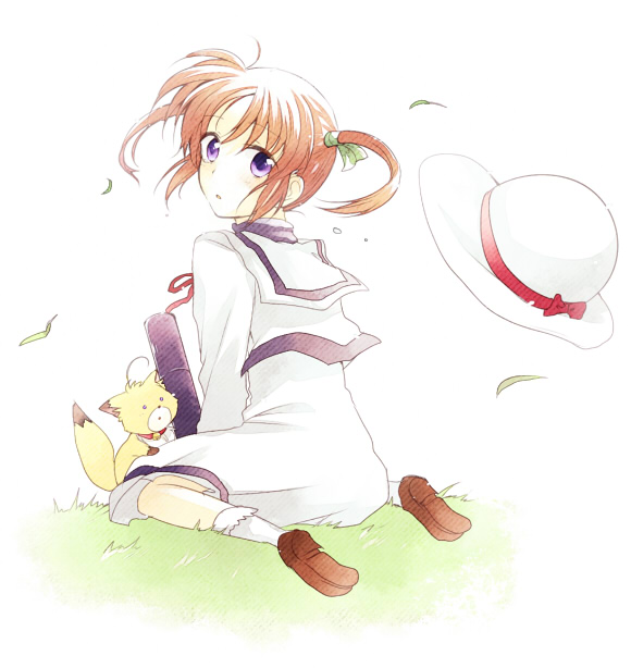00s 1girl brown_hair female_focus fox graduation hat kuon_(triangle_heart) lyrical_nanoha purple_eyes school_uniform solo takamachi_nanoha takana_(nanao) triangle_heart triangle_heart_3 triangle_heart_3_lyrical_toy_box twintails wind