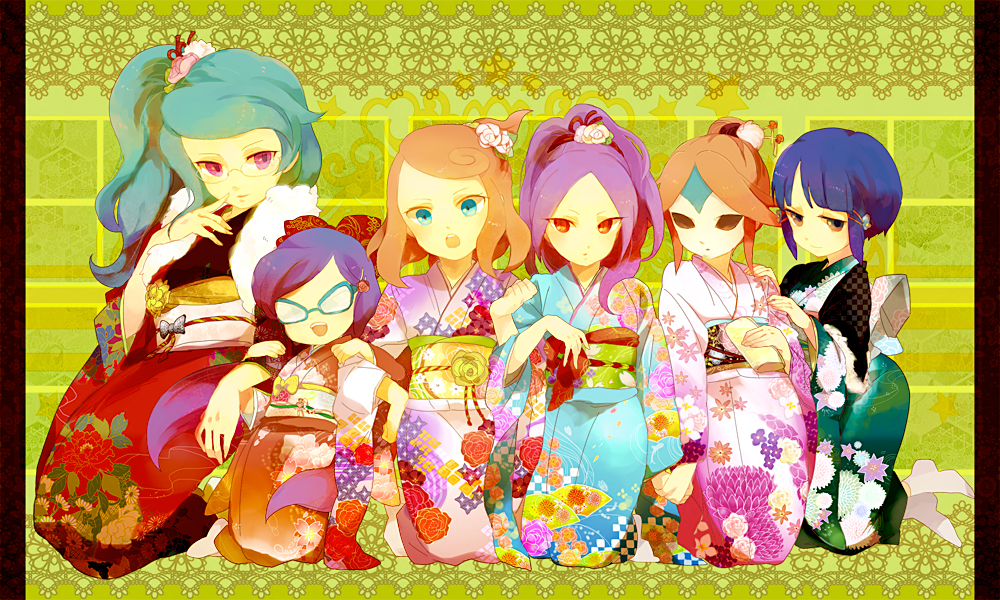 6+girls bad_id bad_pixiv_id barazono_han blue_eyes blue_hair bow floral_print flower glasses green_hair hasuike_an hoo hou_(ppo) inazuma_eleven inazuma_eleven_(series) japanese_clothes kimono kneeling kurakake_clara kurione_yuki mask multiple_girls nitou_honoka orange_hair pillarboxed purple_hair touchi_ai