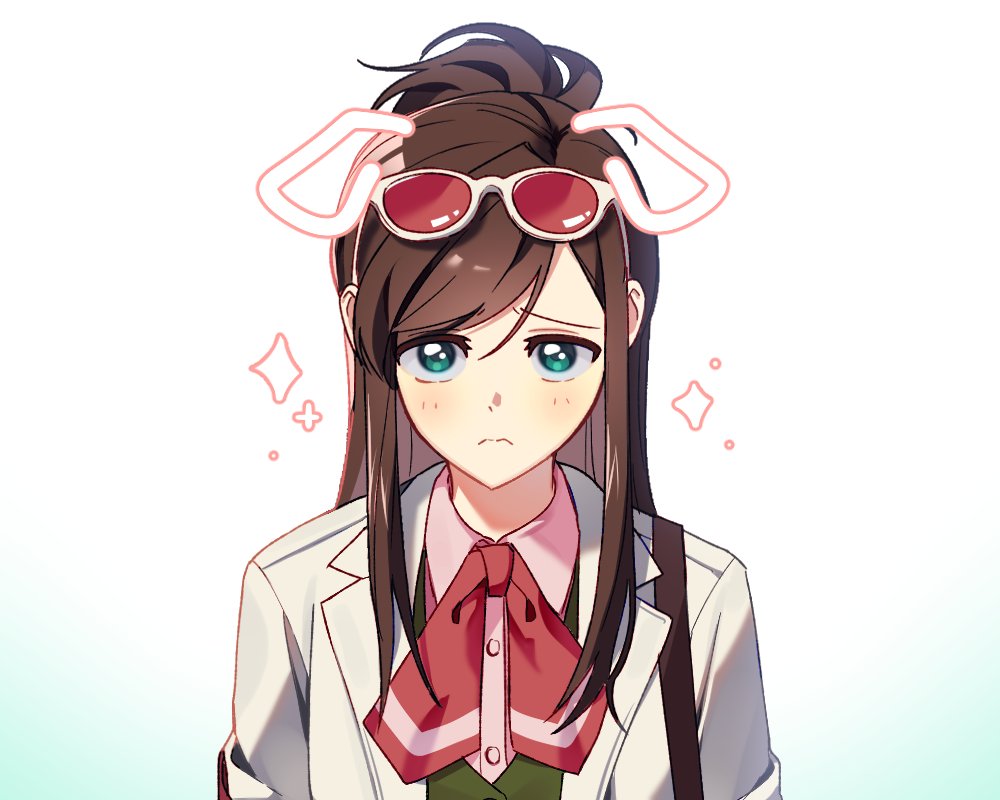 1girl ace_attorney armband bag brown_hair coat doodle_inset ema_skye eyewear_on_head frown green_eyes green_vest hm_maaang korean_commentary lab_coat long_hair neckerchief phoenix_wright:_ace_attorney_-_spirit_of_justice pink_shirt red-tinted_eyewear red_neckerchief shirt shoulder_bag solo tinted_eyewear upper_body vest white_coat